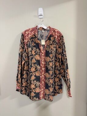 NWT Free People Black Floral Garden Boho Button-Front Tunic Top with Rust Trim